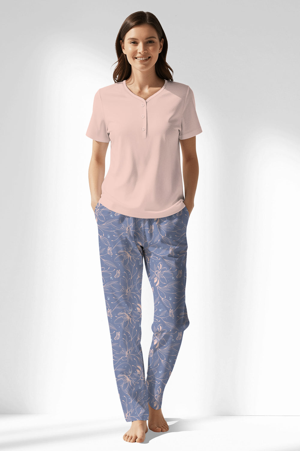 Woman Polyviscon Aurella Drop Collar Pyjama Set - VienettaMAVİ