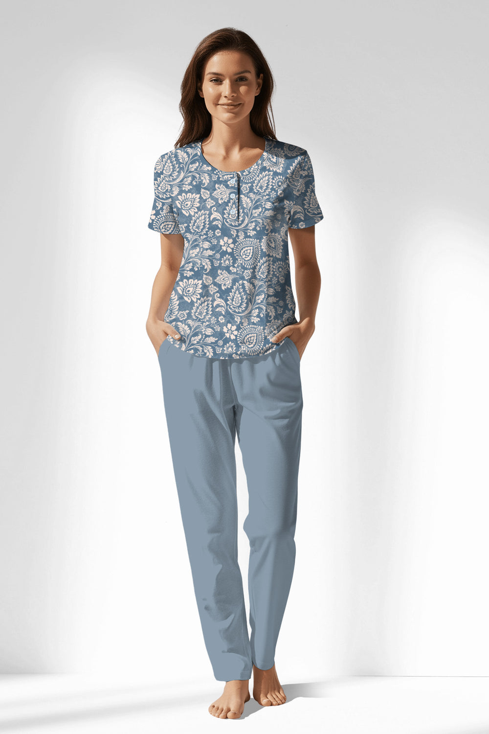 Woman Polyviscon Edelia Buttoned Collar Pyjama Set - VienettaROTASYON