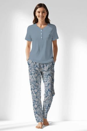 Woman Polyviscon Edelia Drop Collar Pyjama Set - VienettaMAVİ