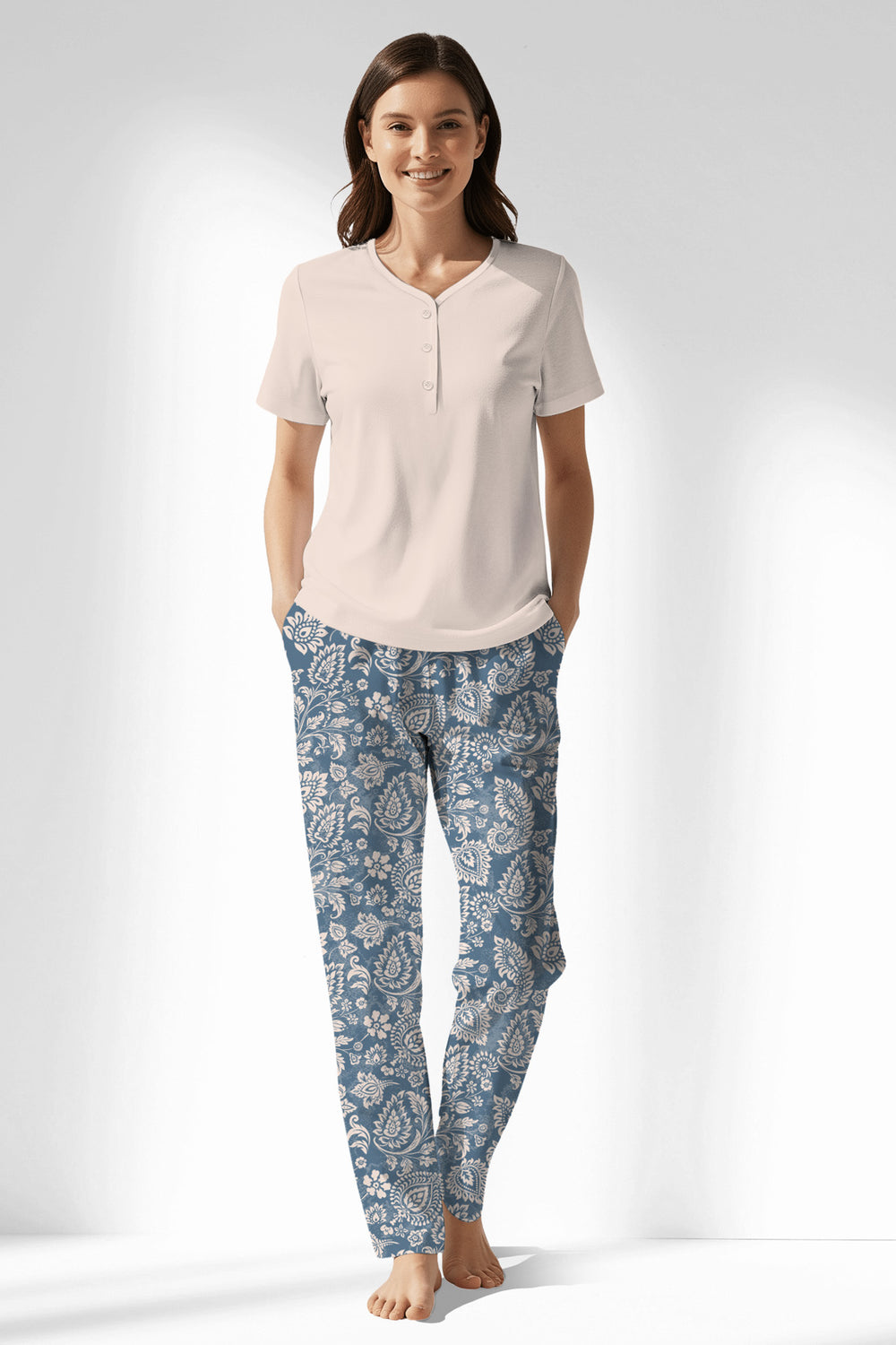 Woman Polyviscon Edelia Drop Collar Pyjama Set - VienettaMAVİ