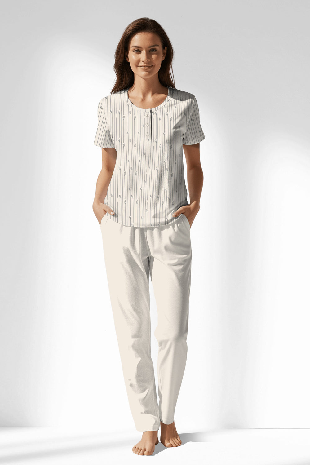 Woman Polyviscon Lina Buttoned Collar Pyjama Set - VienettaROTASYON