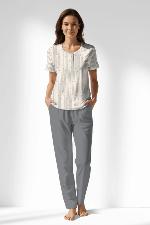 Woman Polyviscon Lina Buttoned Collar Pyjama Set - VienettaB - ROTASYON
