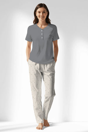 Woman Polyviscon Lina Drop Collar Pyjama Set - VienettaB - FUME