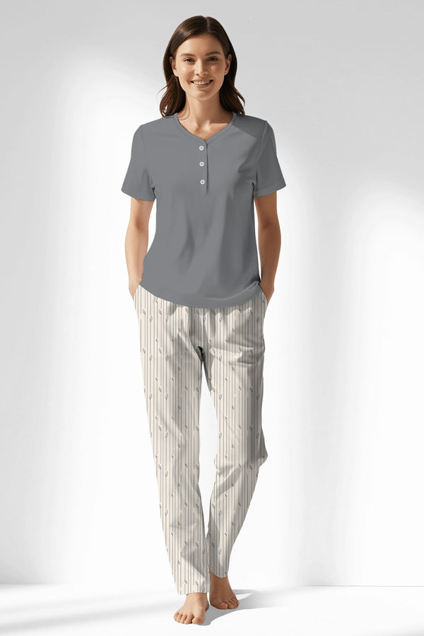 Woman Polyviscon Lina Drop Collar Pyjama Set - VienettaB - FUME