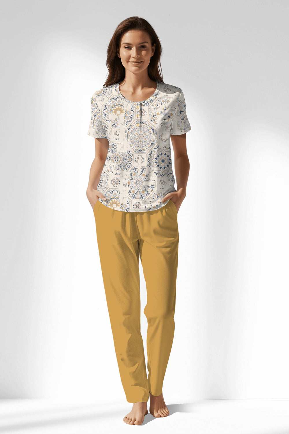 Woman Polyviscon Fresco Buttoned Collar Pyjama Set - VienettaROTASYON