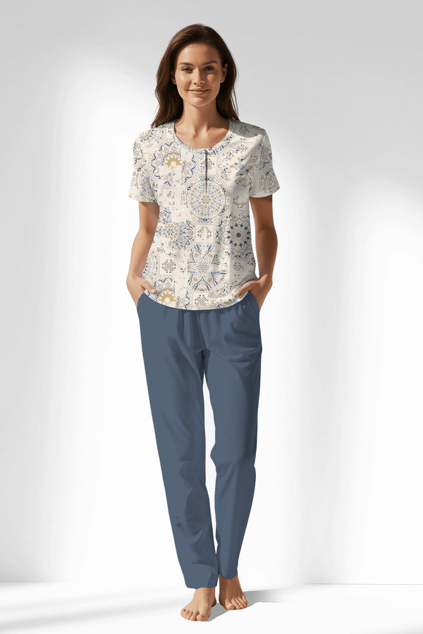 Woman Polyviscon Fresco Buttoned Collar Pyjama Set - VienettaB - ROTASYON