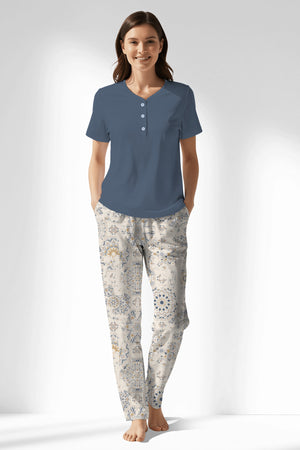 Woman Polyviscon Fresco Drop Collar Pyjama Set - VienettaB - CHINA BLUE