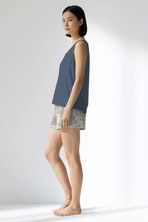 Woman Polyviscon Fresco Thick Strap Short Set - VienettaB - CHINA BLUE