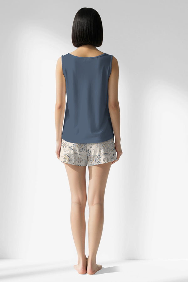 Woman Polyviscon Fresco Thick Strap Short Set - VienettaB - CHINA BLUE