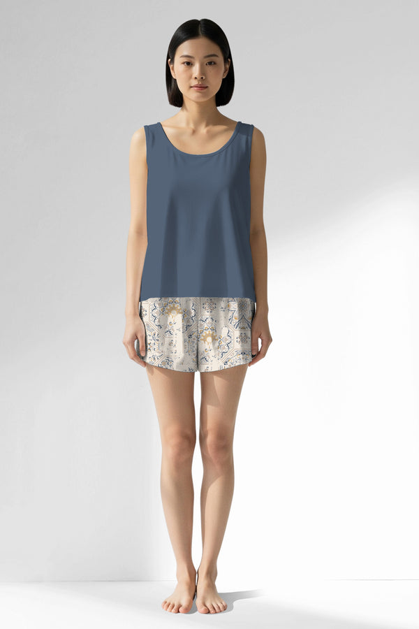 Woman Polyviscon Fresco Thick Strap Short Set - VienettaB - CHINA BLUE