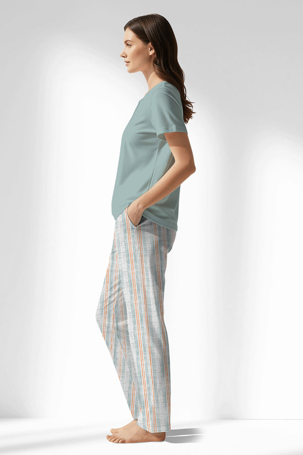 Woman Polyviscon Liner Drop Collar Pyjama Set - VienettaBLUE HAZE