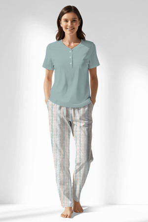 Woman Polyviscon Liner Drop Collar Pyjama Set - VienettaBLUE HAZE