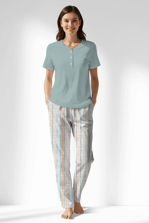 Woman Polyviscon Liner Drop Collar Pyjama Set - VienettaBLUE HAZE