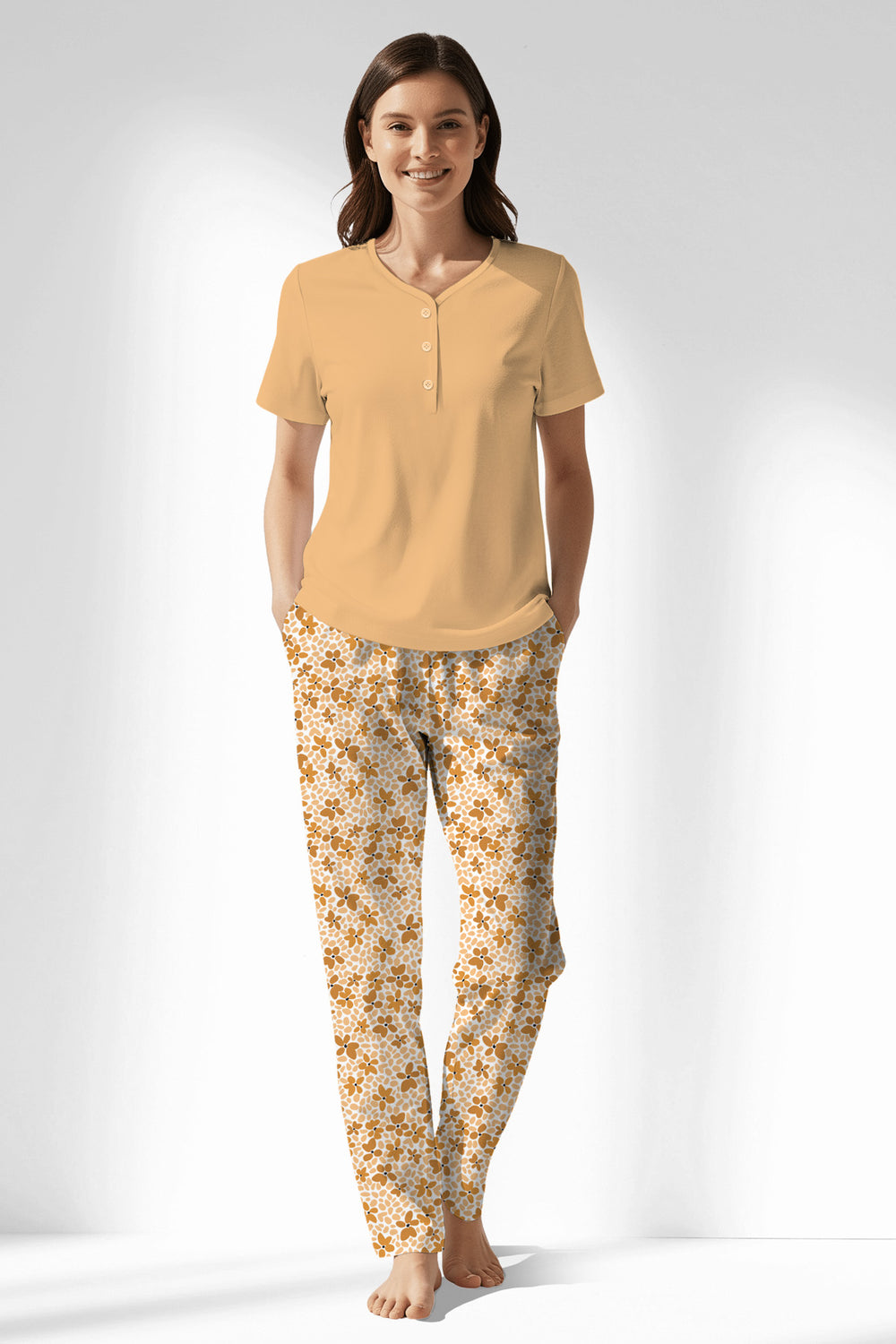Woman Polyviscon Mellow Drop Collar Pyjama Set - VienettaSUNBURST