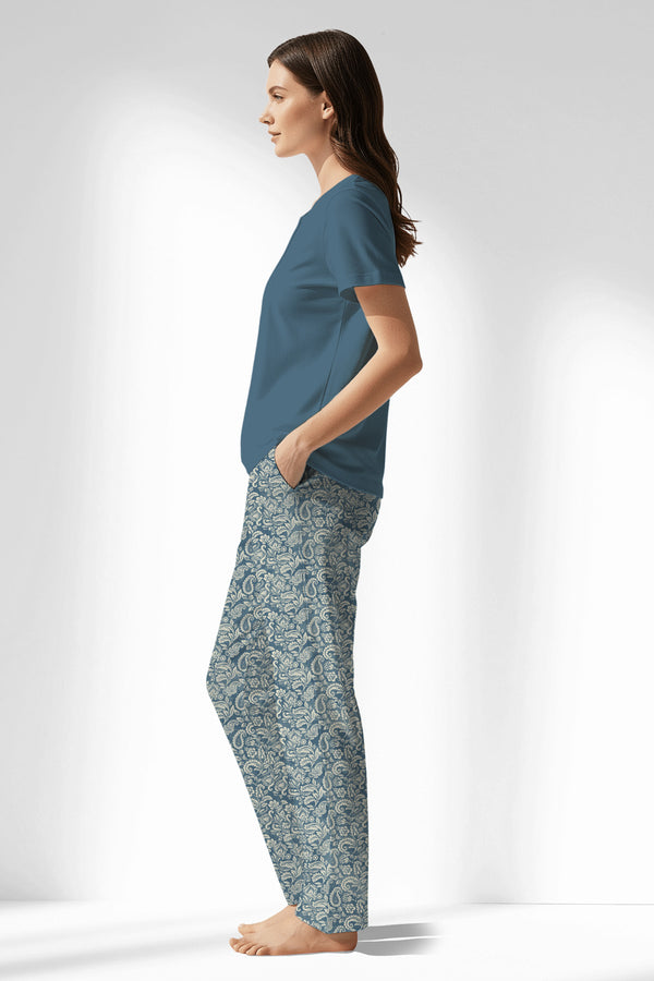 Woman Polyviscon Noble Drop Collar Pyjama Set - VienettaSMOKE BLUE