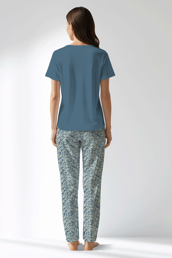 Woman Polyviscon Noble Drop Collar Pyjama Set - VienettaSMOKE BLUE