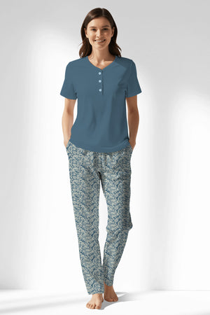 Woman Polyviscon Noble Drop Collar Pyjama Set - VienettaSMOKE BLUE