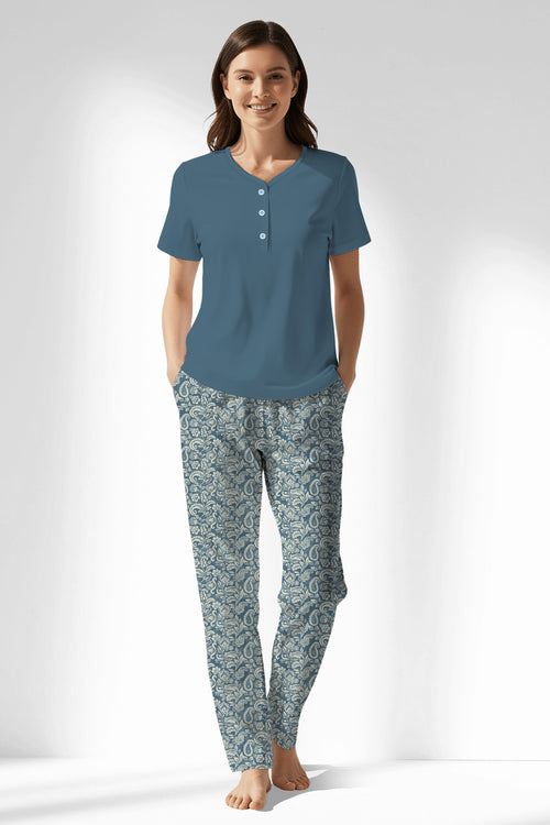 Woman Polyviscon Noble Drop Collar Pyjama Set - VienettaSMOKE BLUE