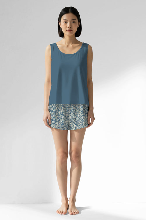 Woman Polyviscon Noble Thick Strap Short Set - VienettaSMOKE BLUE