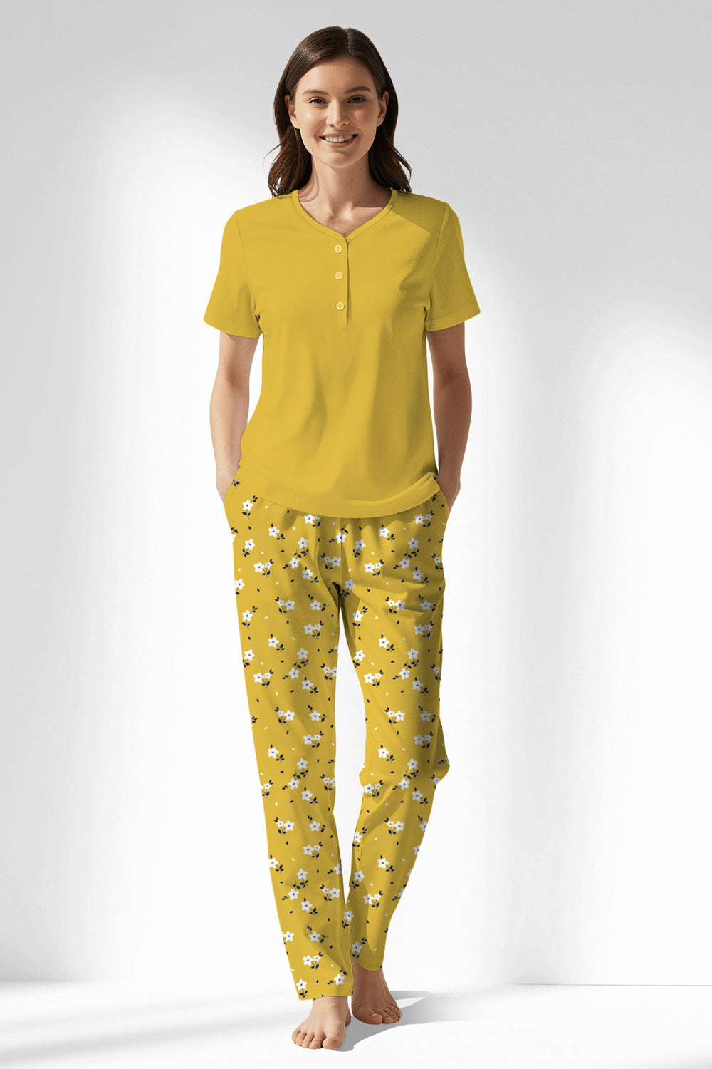 Woman Polyviscon Solaria Drop Collar Pyjama Set - VienettaSUPER LEMON