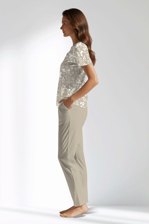Woman Polyviscon Sprig Buttoned Collar Pyjama Set - VienettaROTASYON