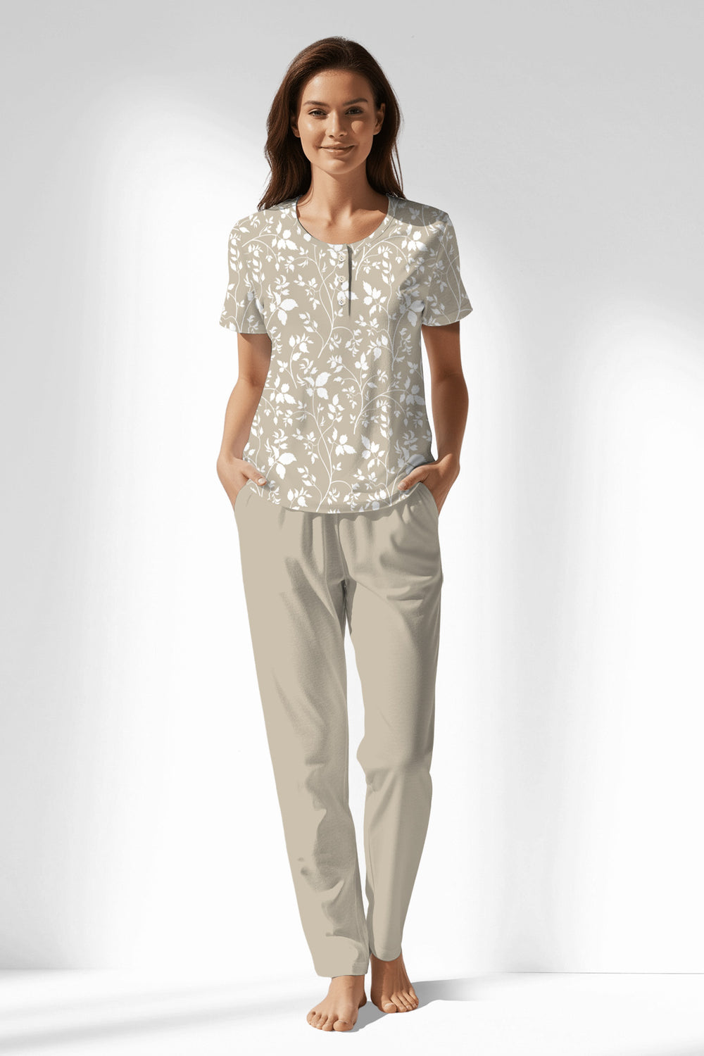 Woman Polyviscon Sprig Buttoned Collar Pyjama Set - VienettaROTASYON