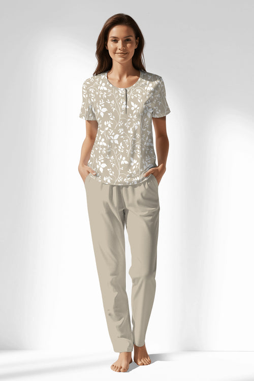Woman Polyviscon Sprig Buttoned Collar Pyjama Set - VienettaROTASYON