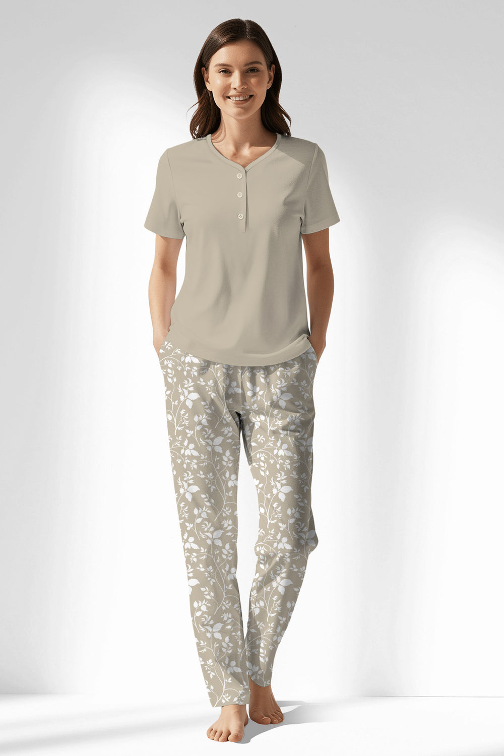 Woman Polyviscon Sprig Drop Collar Pyjama Set - Vienetta14 - 1107