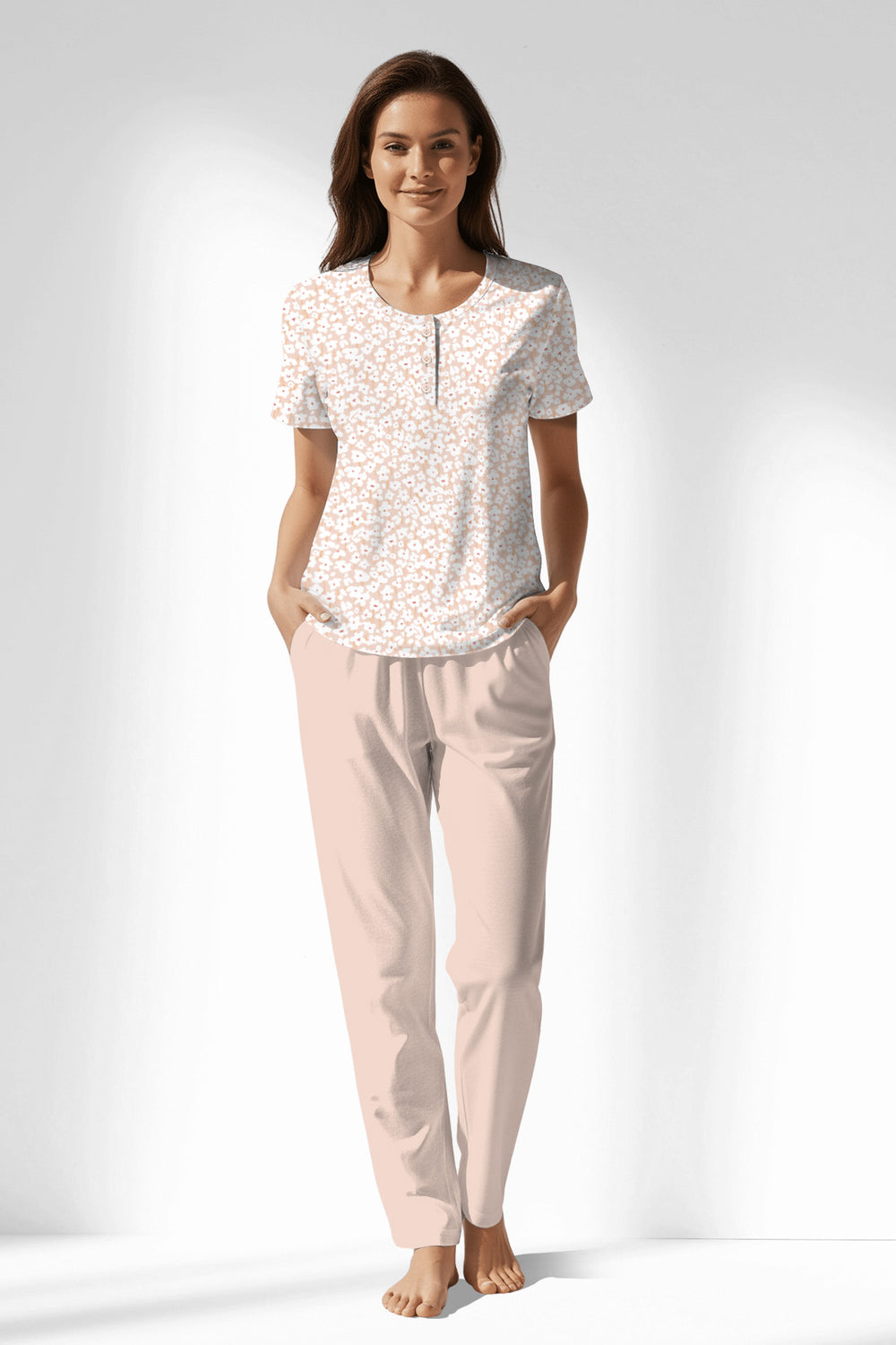 Woman Polyviscon Vanilla Buttoned Collar Pyjama Set - VienettaROTASYON