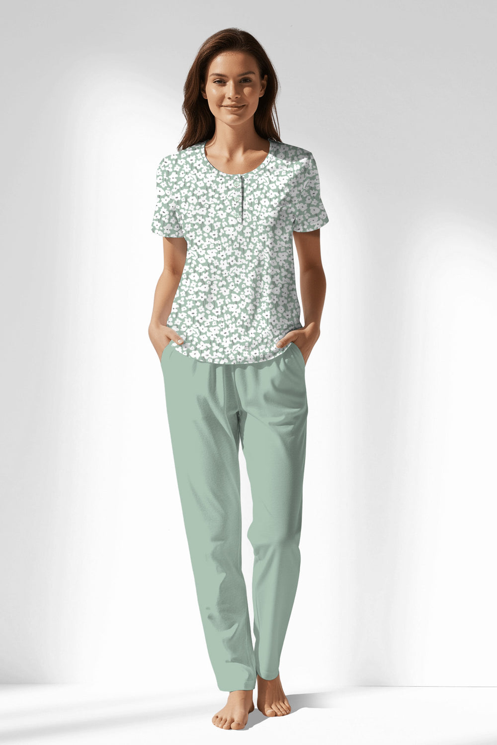 Woman Polyviscon Vanilla Buttoned Collar Pyjama Set - VienettaROTASYON