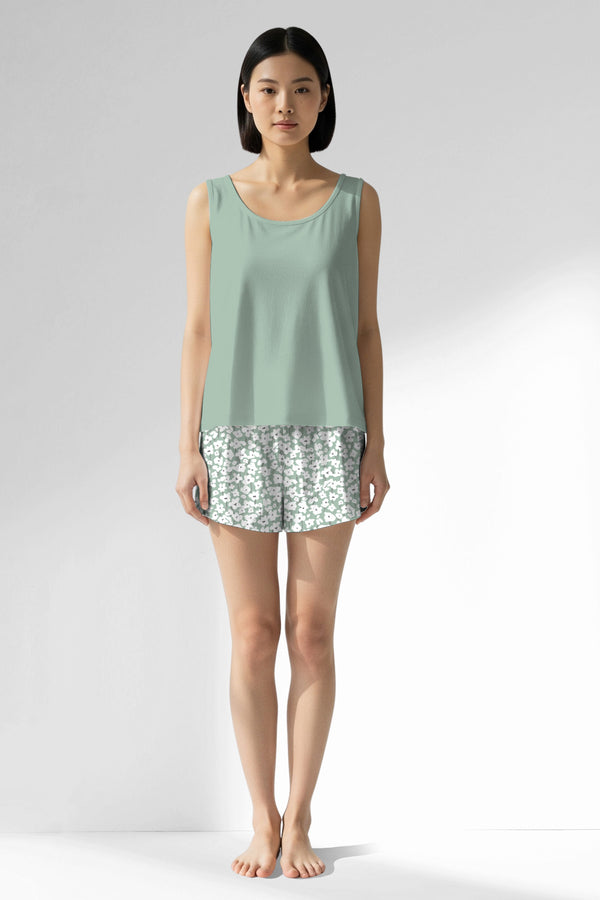 Woman Polyviscon Vanilla Thick Strap Short Set - VienettaB - AQUA FOAM