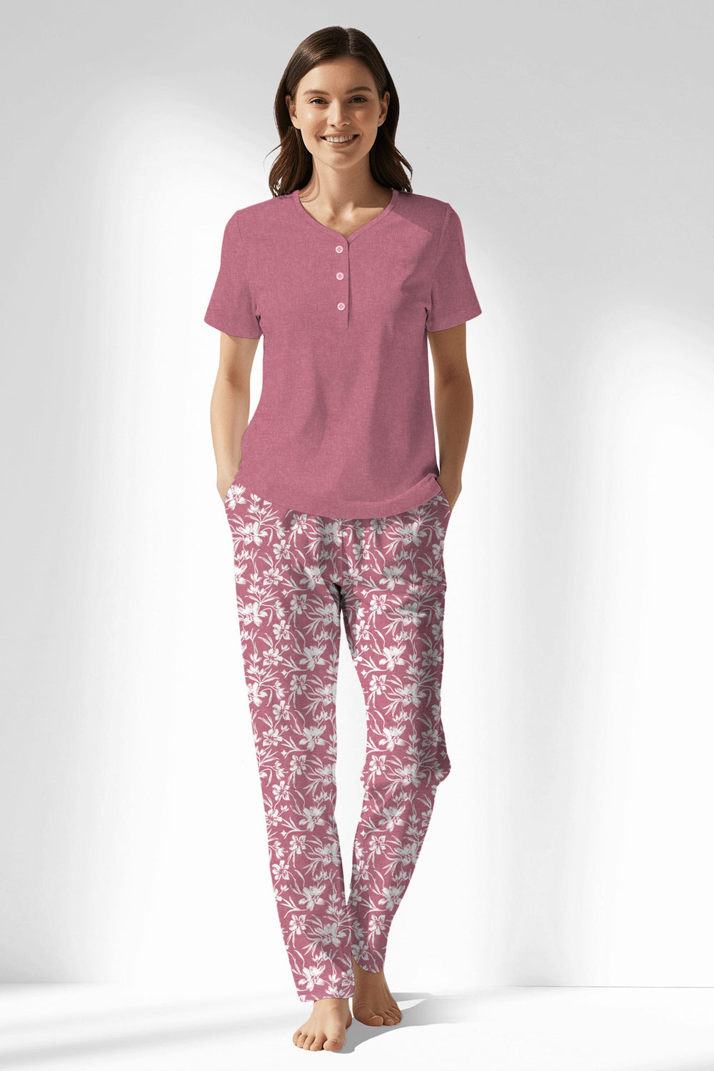 Woman Polyviscon Affection Drop Collar Pyjama Set - VienettaWILD ROSE