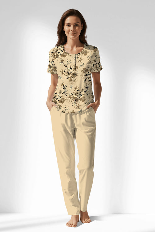 Woman Polyviscon Fleuron Buttoned Collar Pyjama Set - VienettaROTASYON