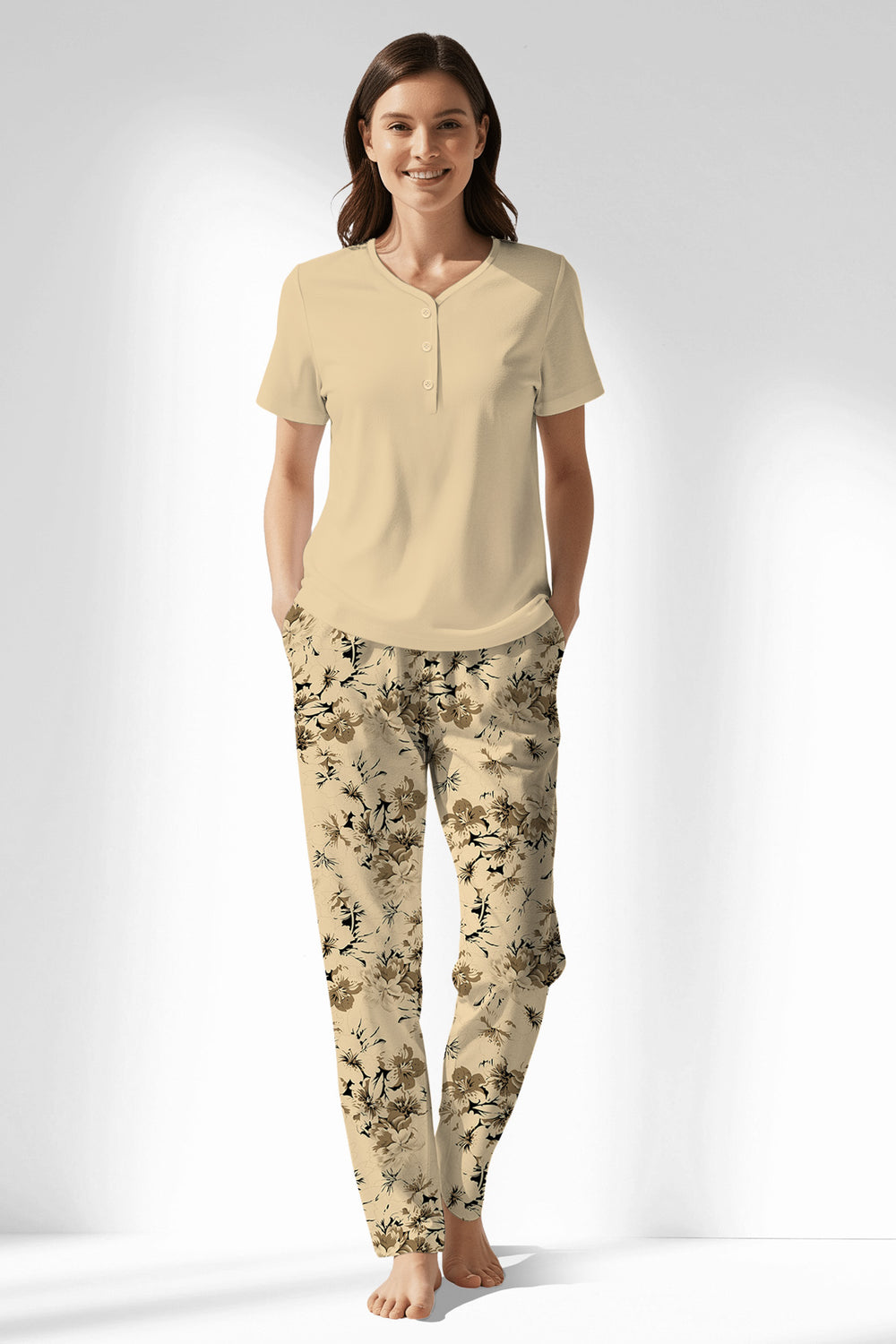 Woman Polyviscon Fleuron Drop Collar Pyjama Set - VienettaMETRAJ ZEMIN