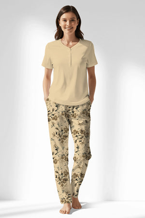 Woman Polyviscon Fleuron Drop Collar Pyjama Set - VienettaMETRAJ ZEMIN