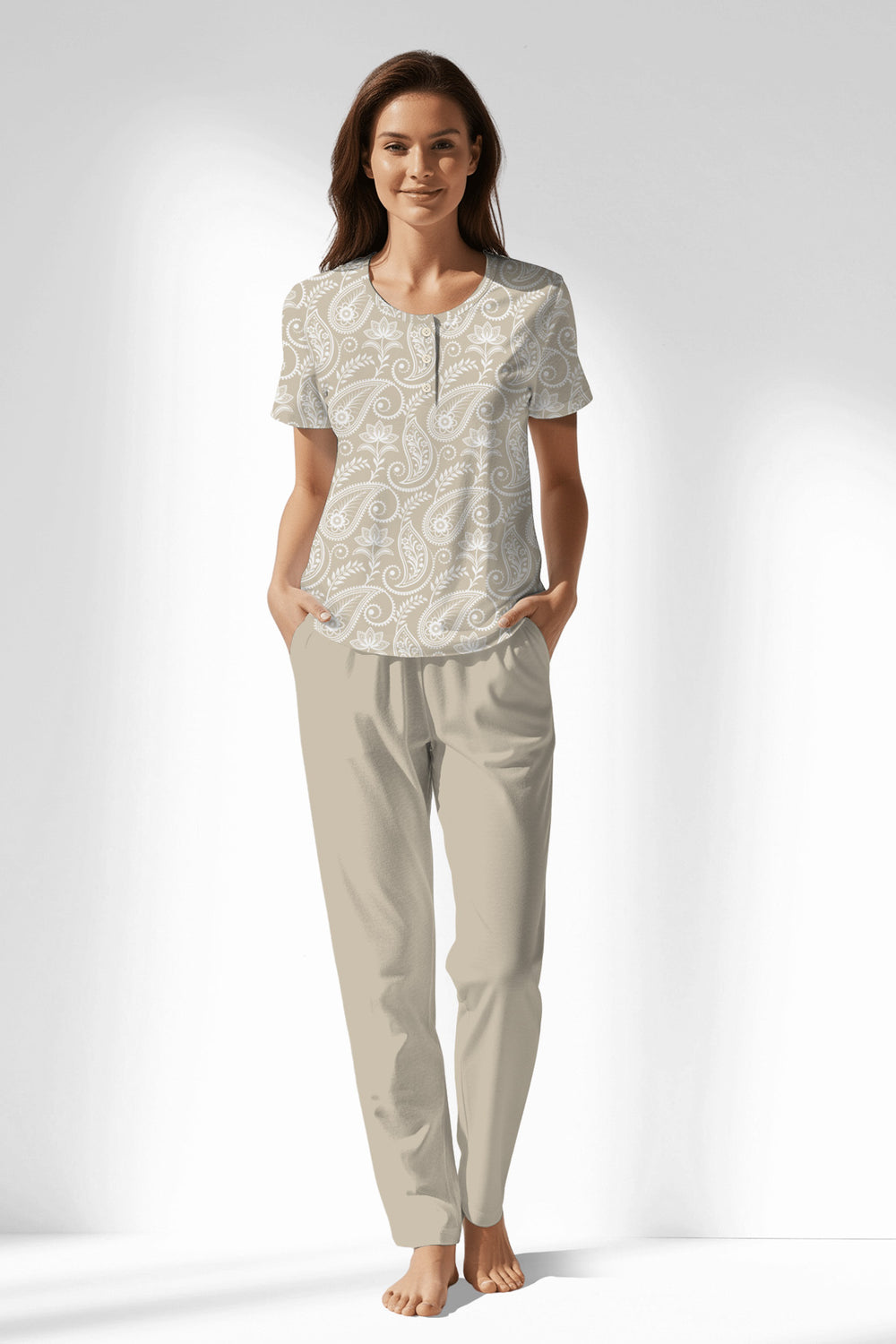 Woman Polyviscon Lunafleur Buttoned Collar Pyjama Set - VienettaROTASYON