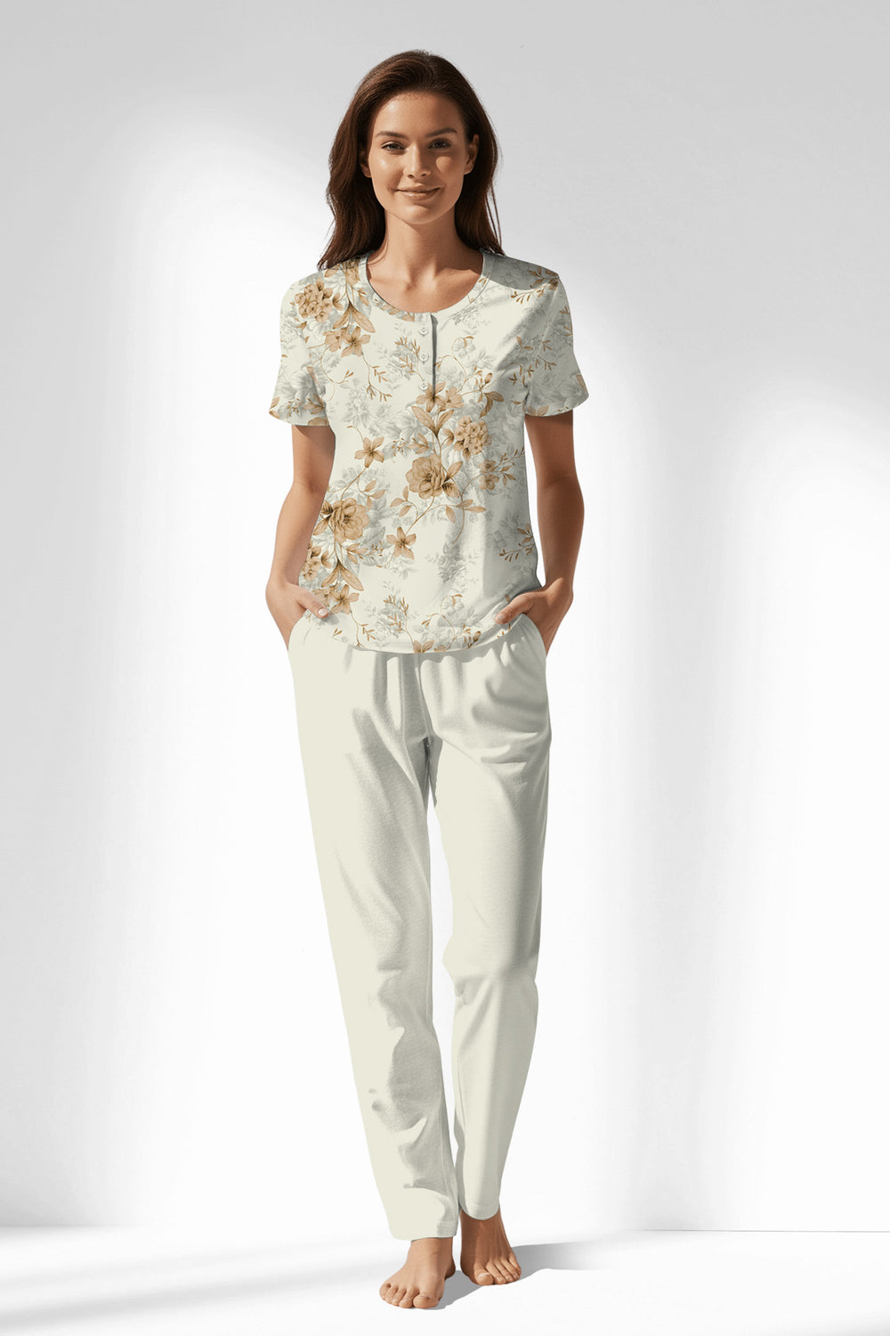 Woman Polyviscon Magnolia Buttoned Collar Pyjama Set - VienettaROTASYON
