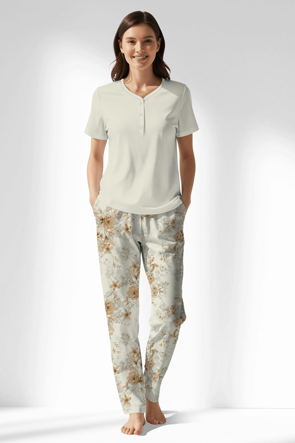 Woman Polyviscon Magnolia Drop Collar Pyjama Set - VienettaMETRAJ ZEMIN