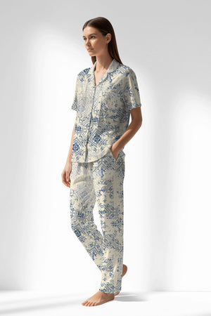Woman Polyviscon Bluetile Buttoned Pyjama Set - ROTASYON - Image 2