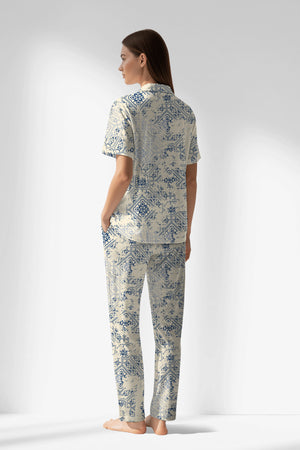 Woman Polyviscon Bluetile Buttoned Pyjama Set - ROTASYON - Image 3