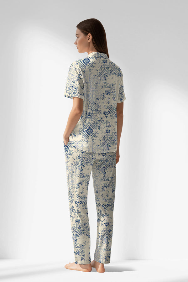 Woman Polyviscon Bluetile Buttoned Pyjama Set - ROTASYON - Image 3