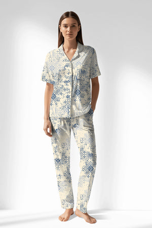 Woman Polyviscon Bluetile Buttoned Pyjama Set - ROTASYON - Image 1