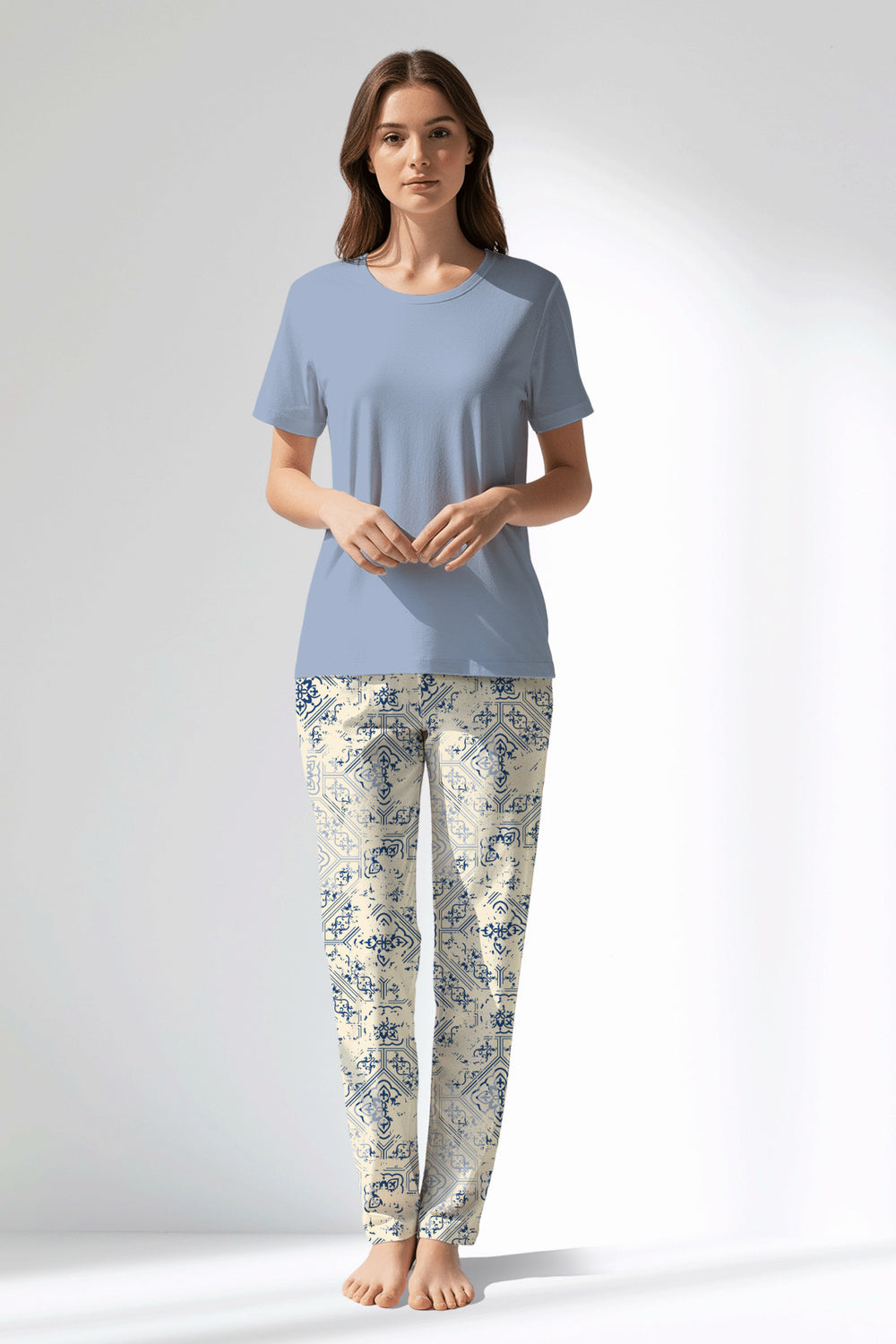 Woman Polyviscon Bluetile Pyjama Set - 11-0107 - Image 1