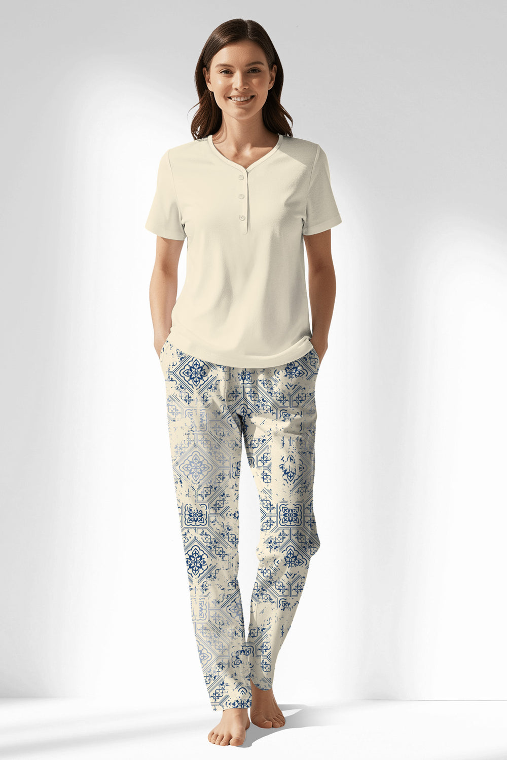 Woman Polyviscon Bluetile Drop Collar Pyjama Set - 11-0107 - Image 1