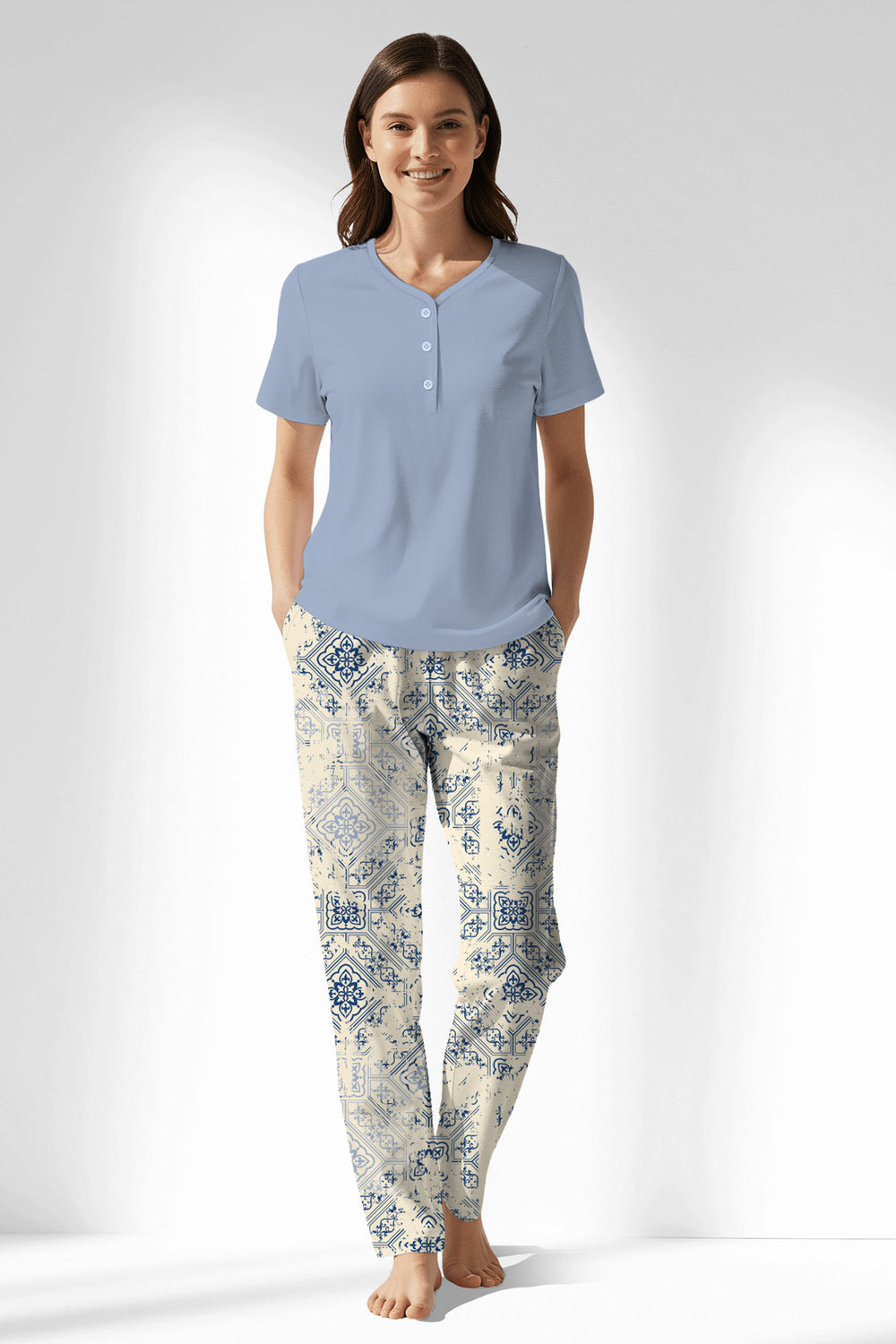 Woman Polyviscon Bluetile Drop Collar Pyjama Set - 11-0107 - Image 1