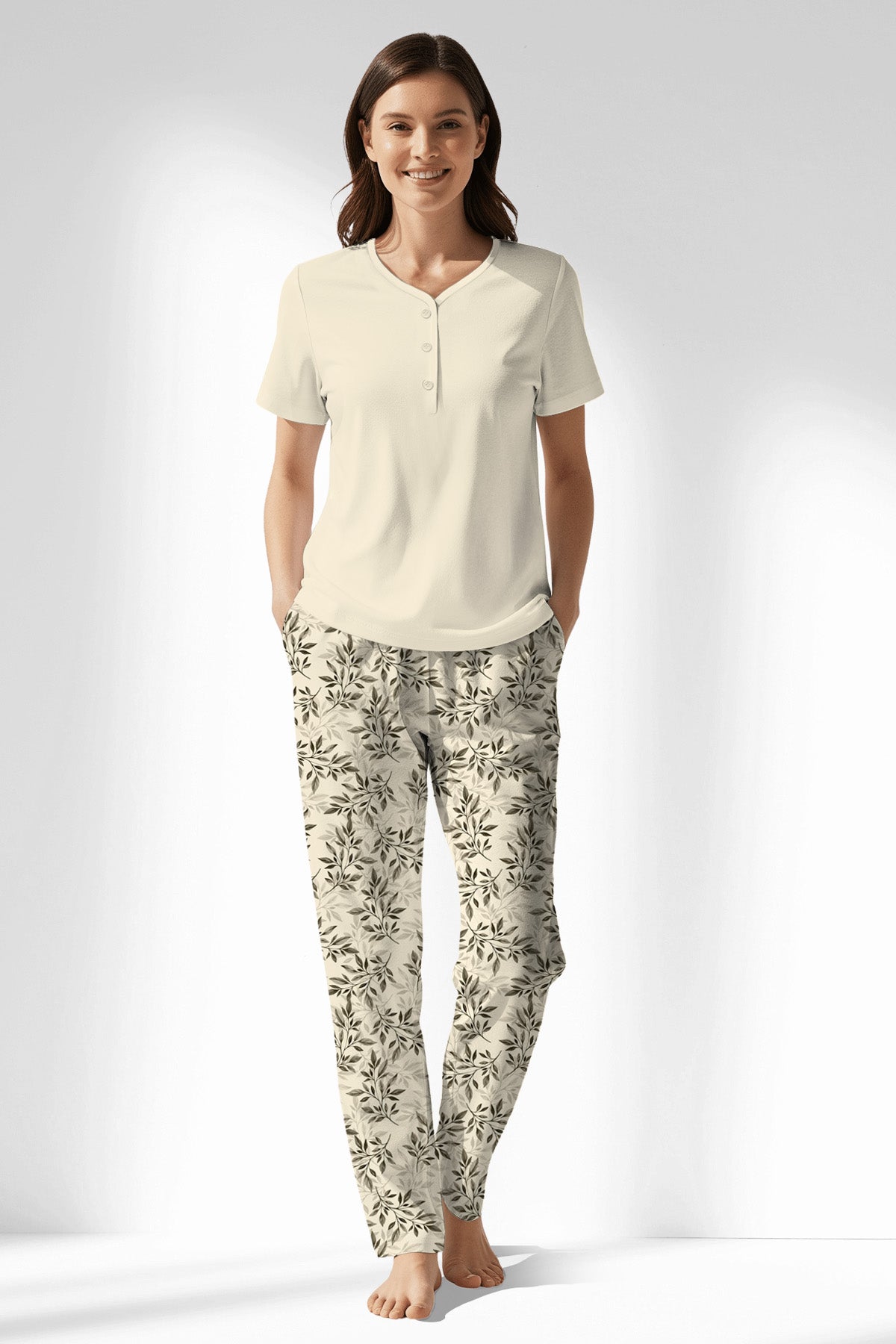 Woman Polyviscon DuskFlora Drop Collar Pyjama Set