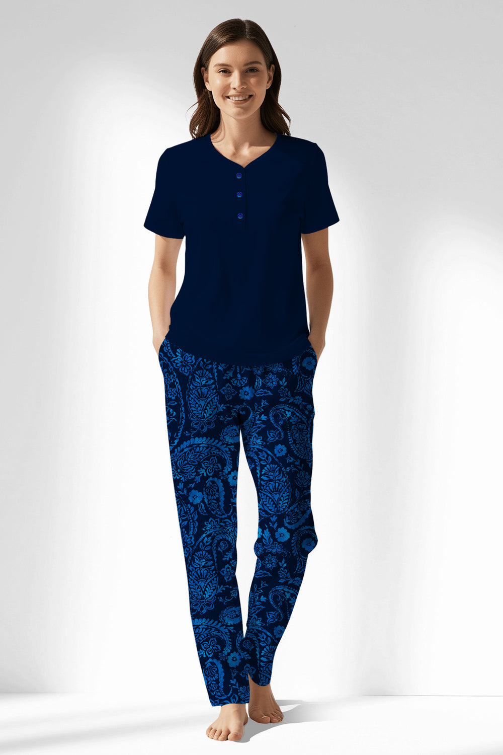 Woman Polyviscon Petarel Drop Collar Pyjama Set - METRAJ ZEMIN - Image 1