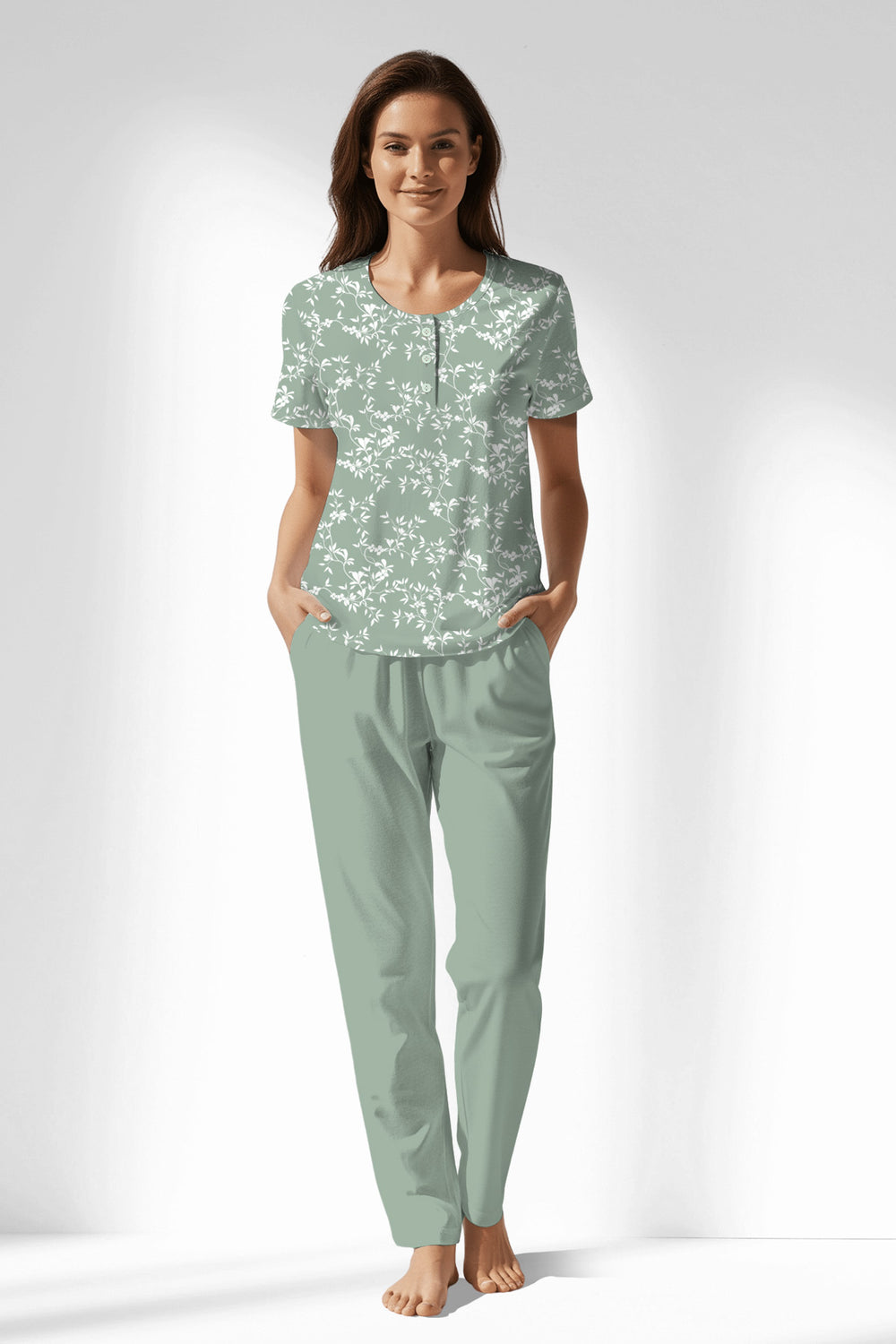Woman Polyviscon GreenDay Buttoned Collar Pyjama Set - ROTASYON - Image 1
