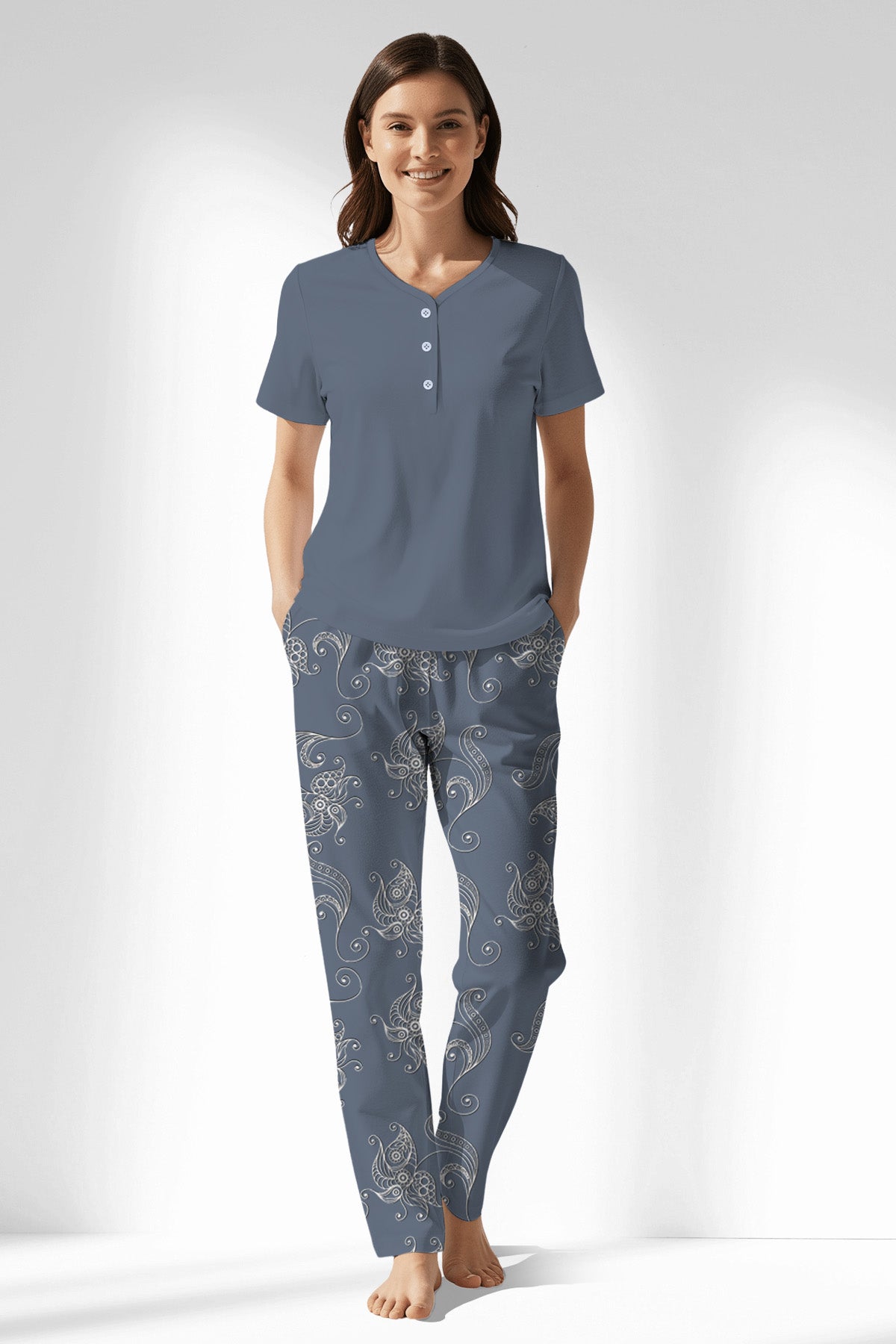 Woman Polyviscon Liliora Drop Collar Pyjama Set