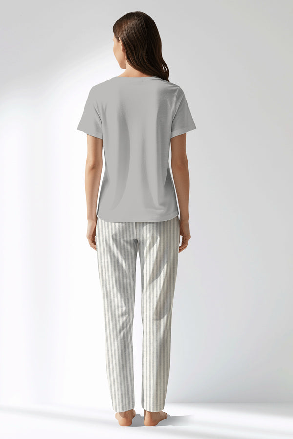 Woman Polyviscon InkWave Drop Collar Pyjama Set - METRAJ GRI - Image 3